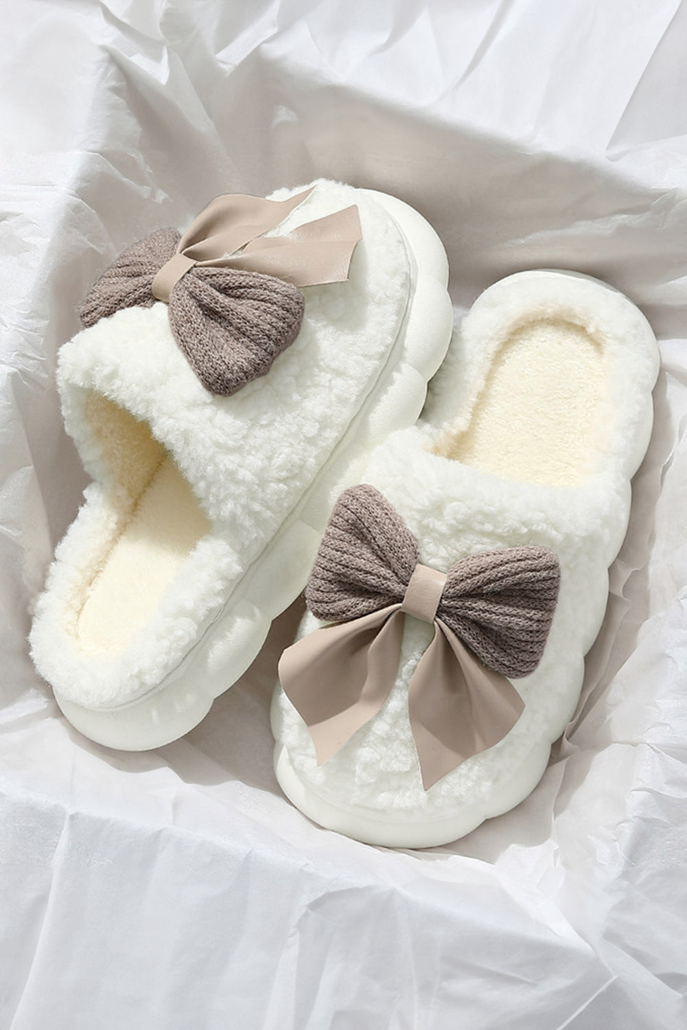 White Bowknot Plush Winter Slippers