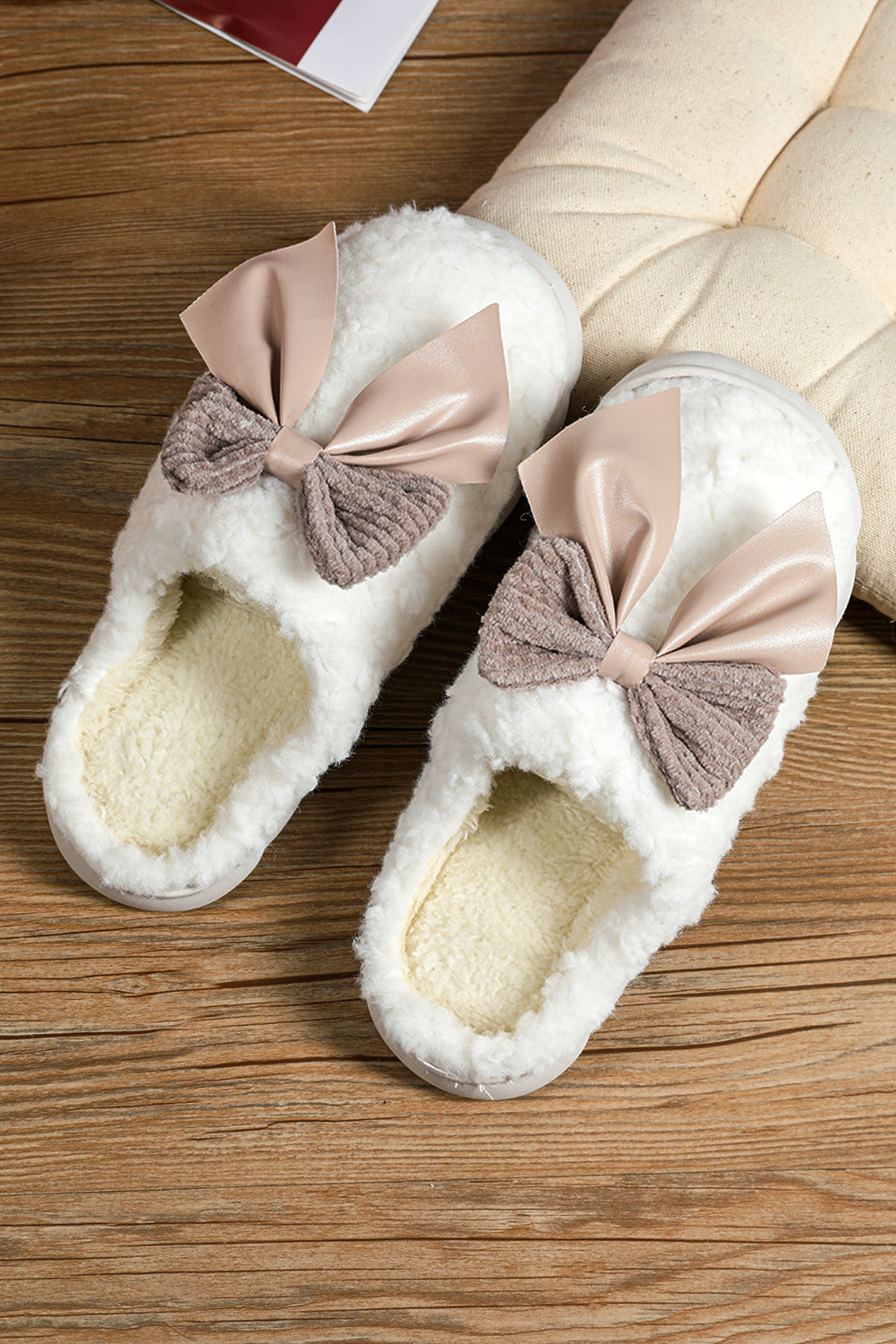 White Bowknot Plush Winter Slippers