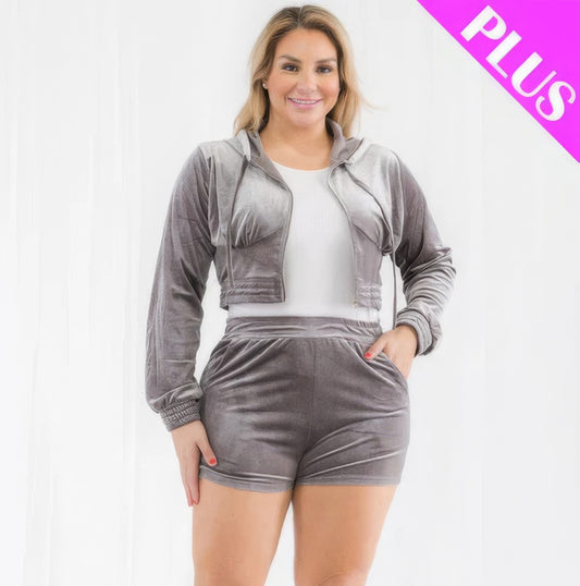 Plus Size Velour Crop Zip Up Hoodie And Shorts Set