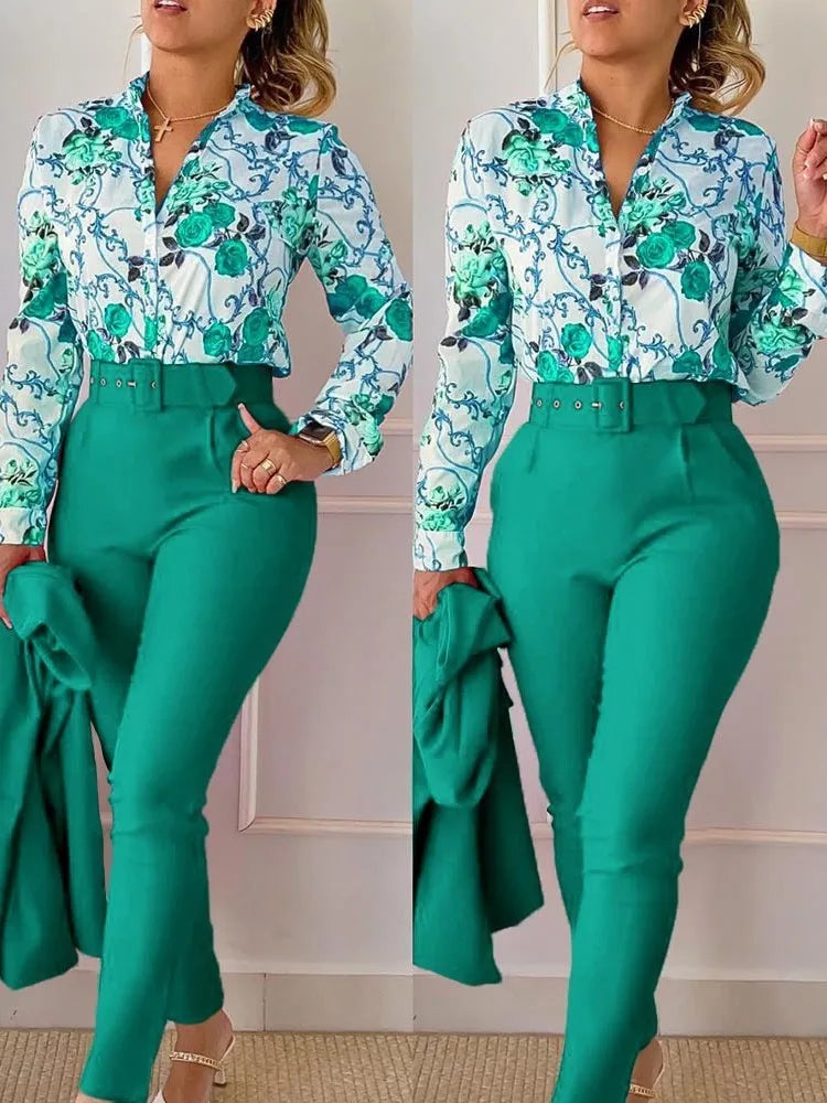 Elegant Women Printed Two Piece Suit Sets