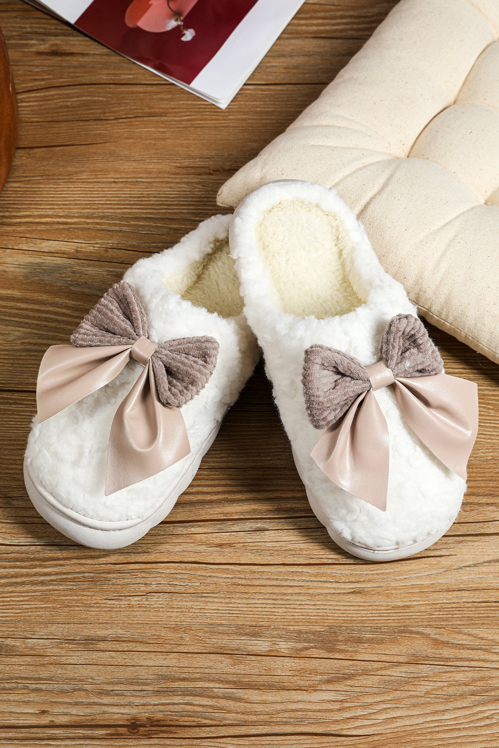 White Bowknot Plush Winter Slippers