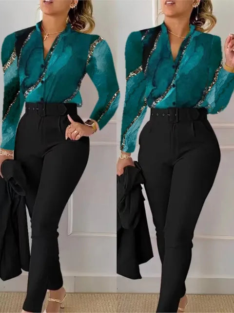 Elegant Women Printed Two Piece Suit Sets